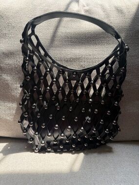 Zara Black Studded Lattice Shoulder Bag